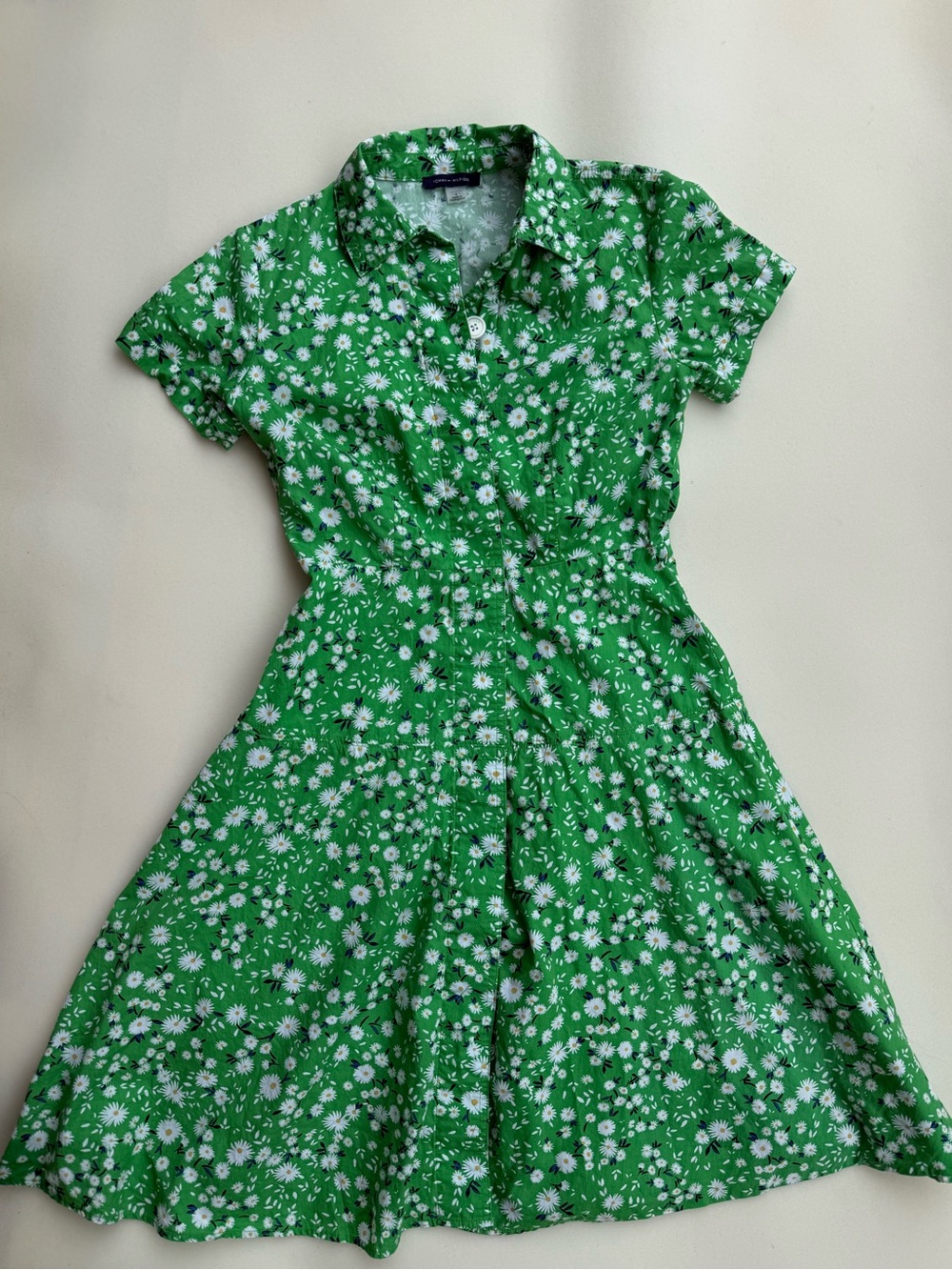 Tommy Hilfiger Button Front Daisy Green Floral Dress Size 2 100% Cotton
